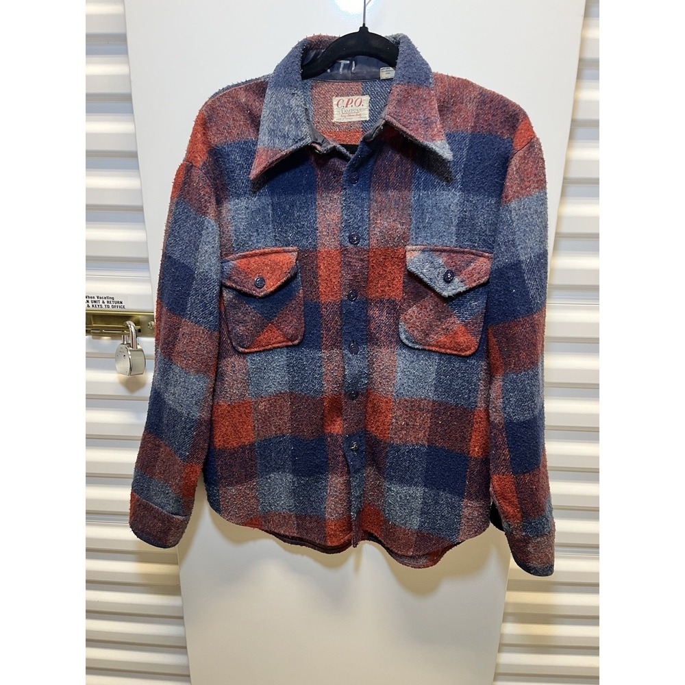 Campus CPO Shirt Jacket Mens Medium Blue Orange Good Vintage Wool Plaid Anchor